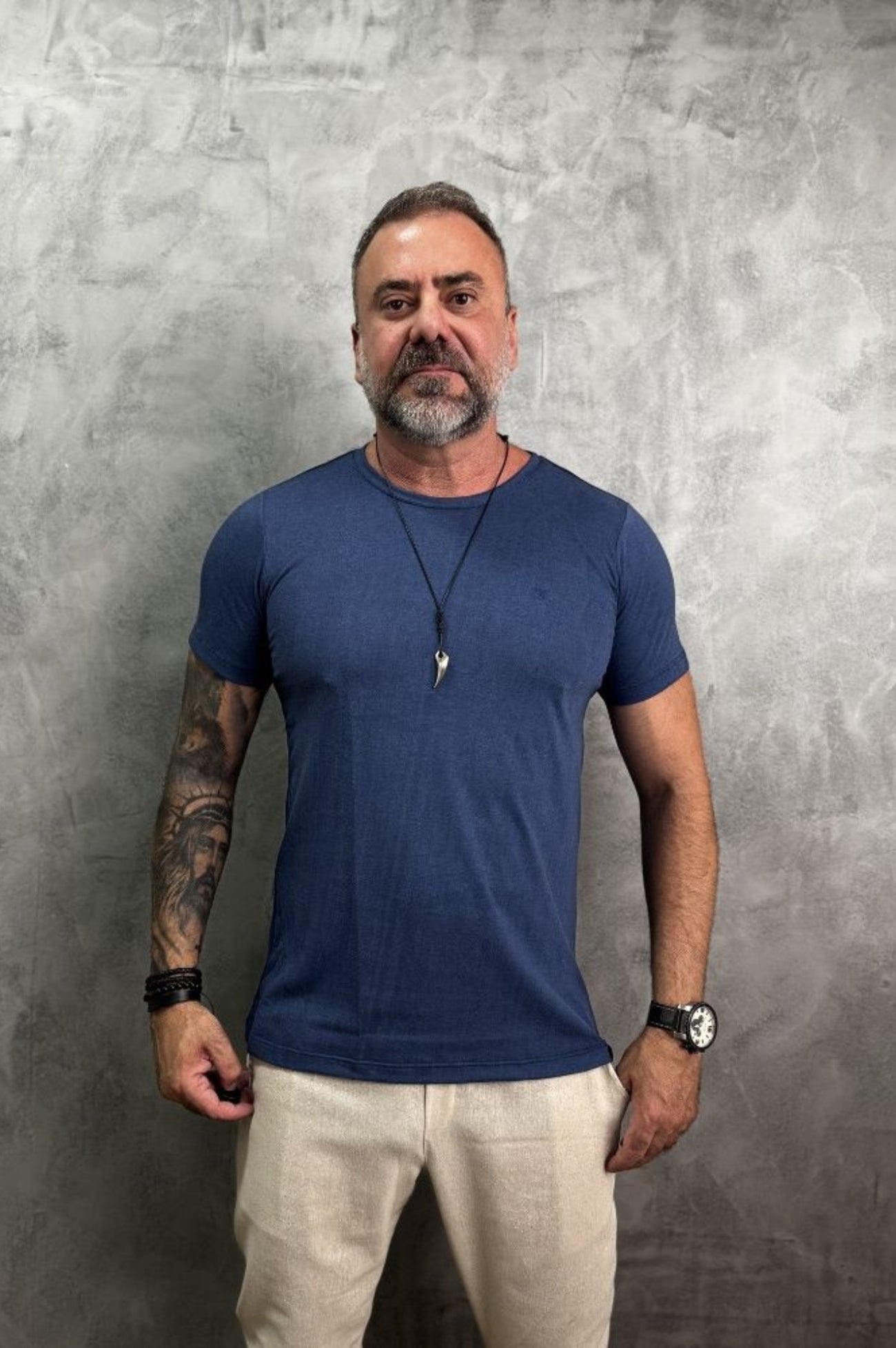 Camisa Slim Manga Curta Azul Mescla 2