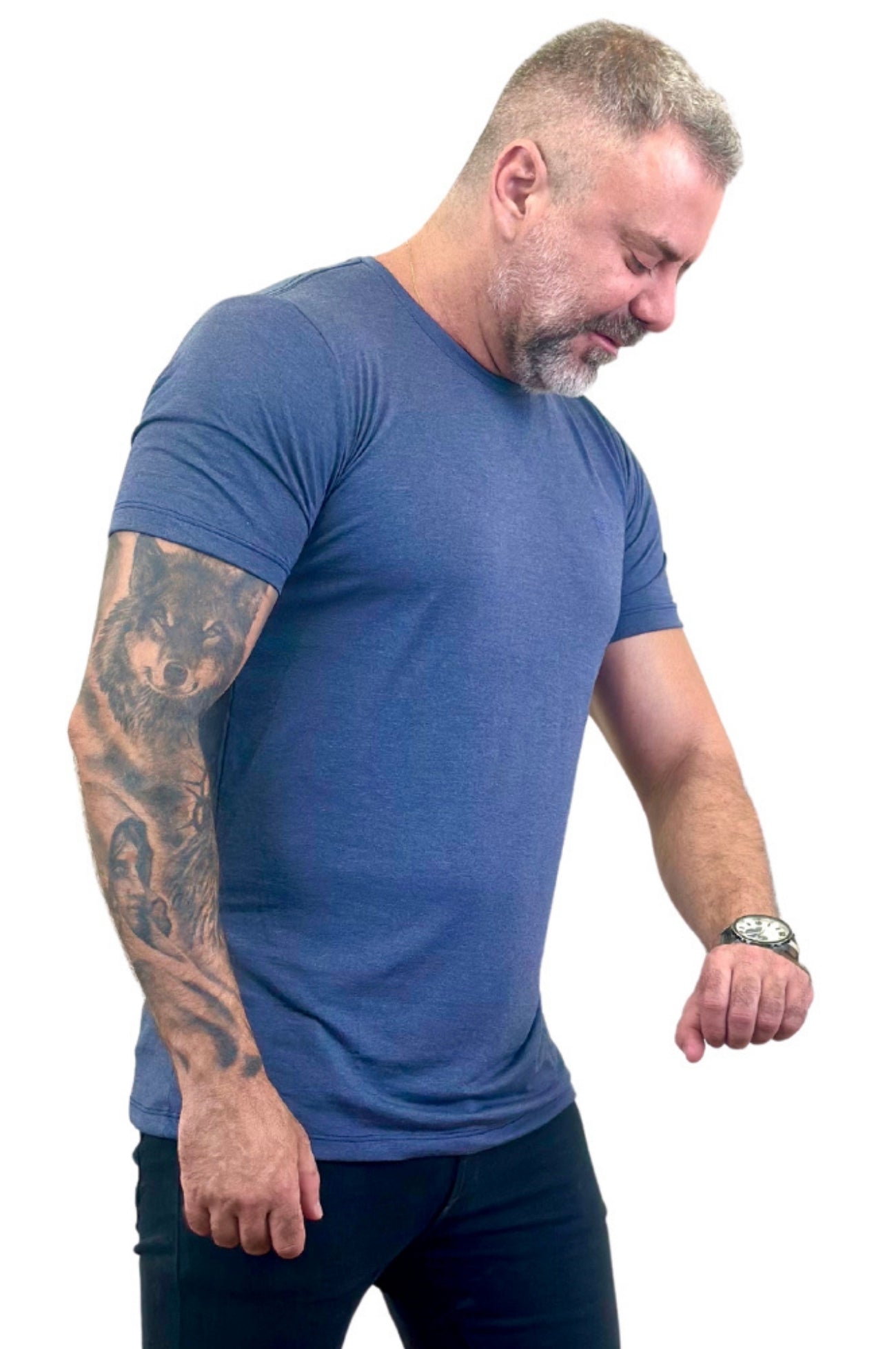 Camiseta Manga Curta Malha Fria Slim Mescla Azul