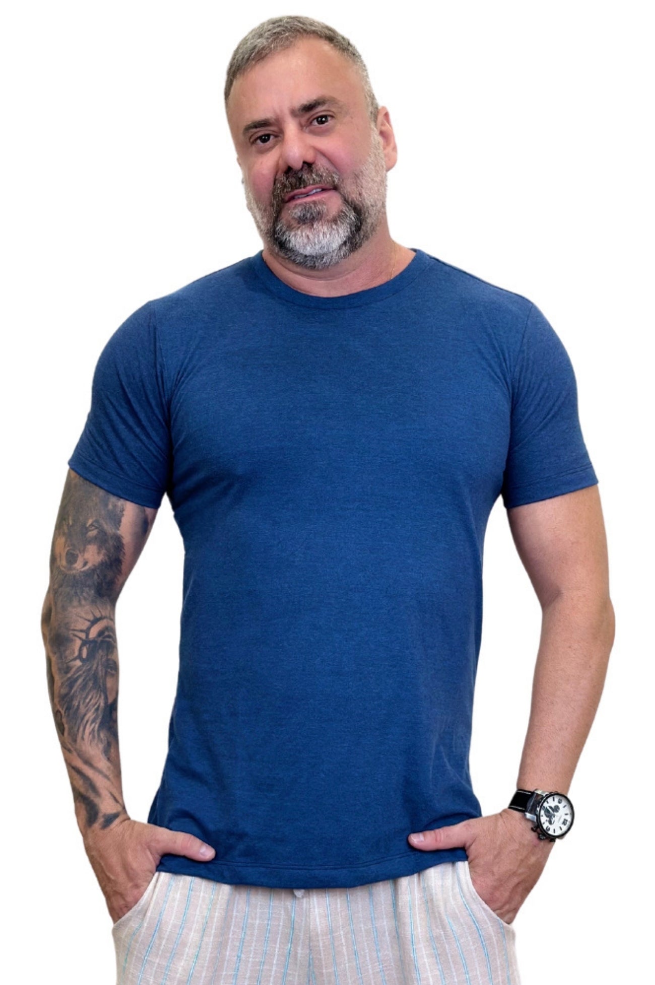 Camisa Slim Manga Curta Mescla Marinho