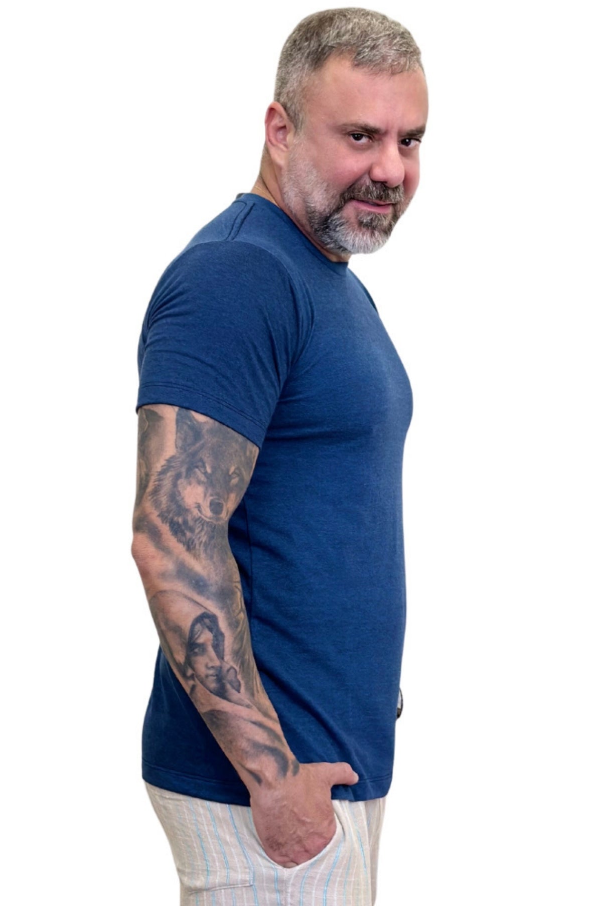 Camisa Slim Manga Curta Mescla Marinho