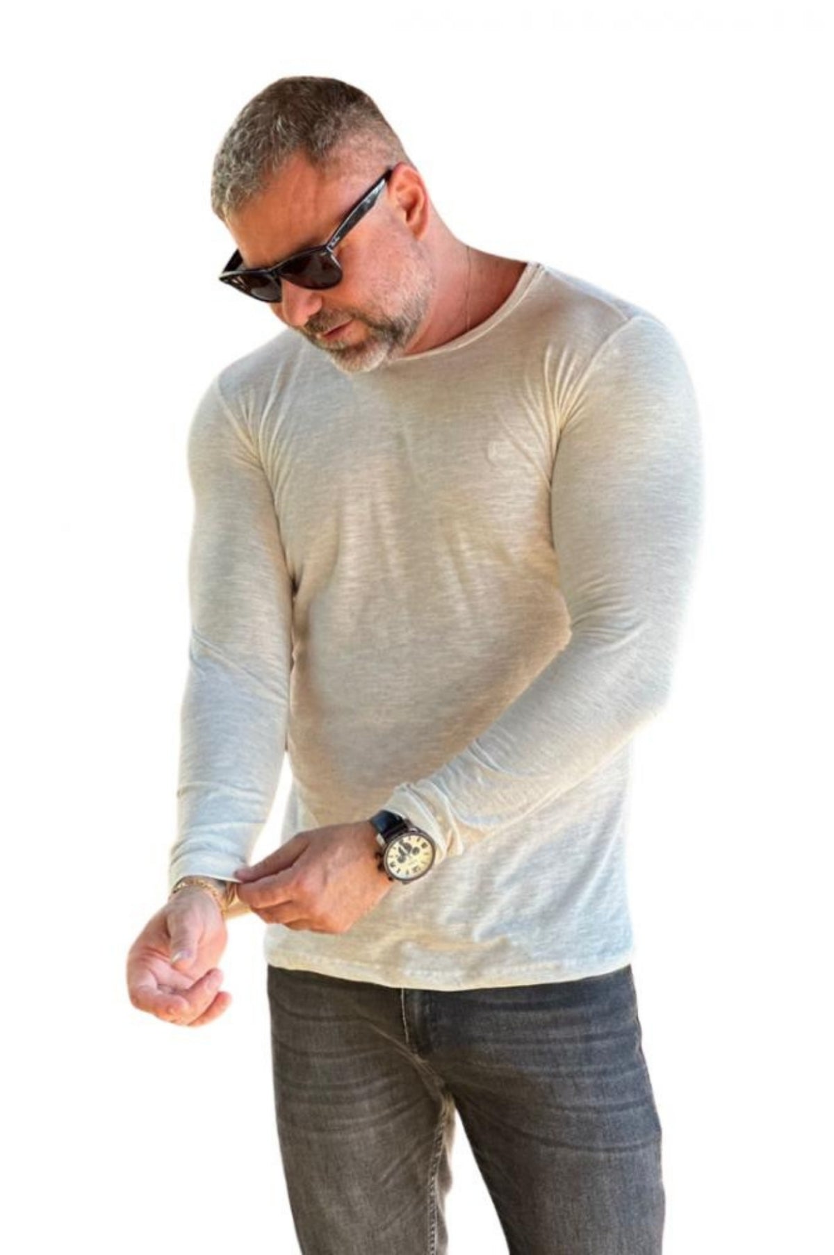 Camiseta Slim Manga Longa Flamê Algodão com Linho Palha