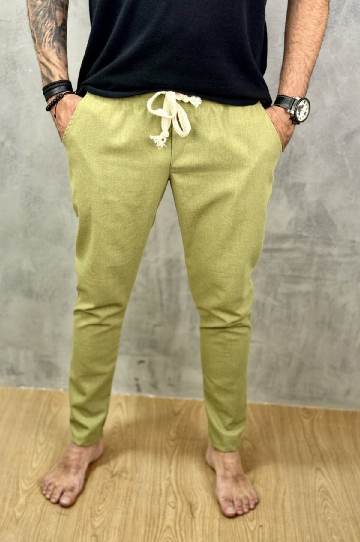 Calça Da Cunha de Linho Puro Verde Oliva