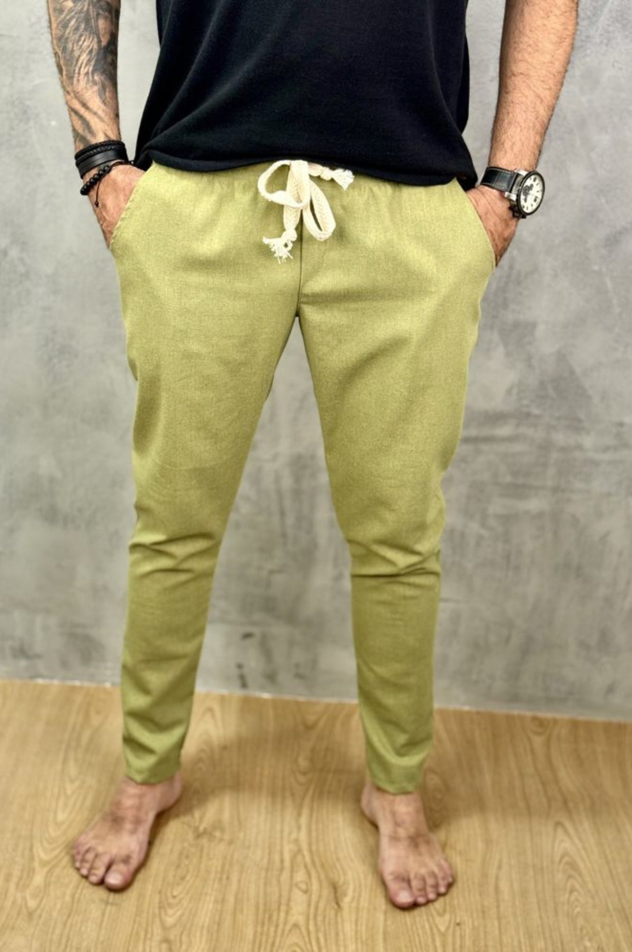 Calça Da Cunha de Linho Puro Verde Oliva