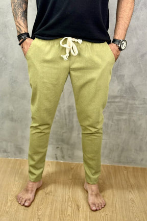 Calça Da Cunha de Linho Puro Verde Oliva