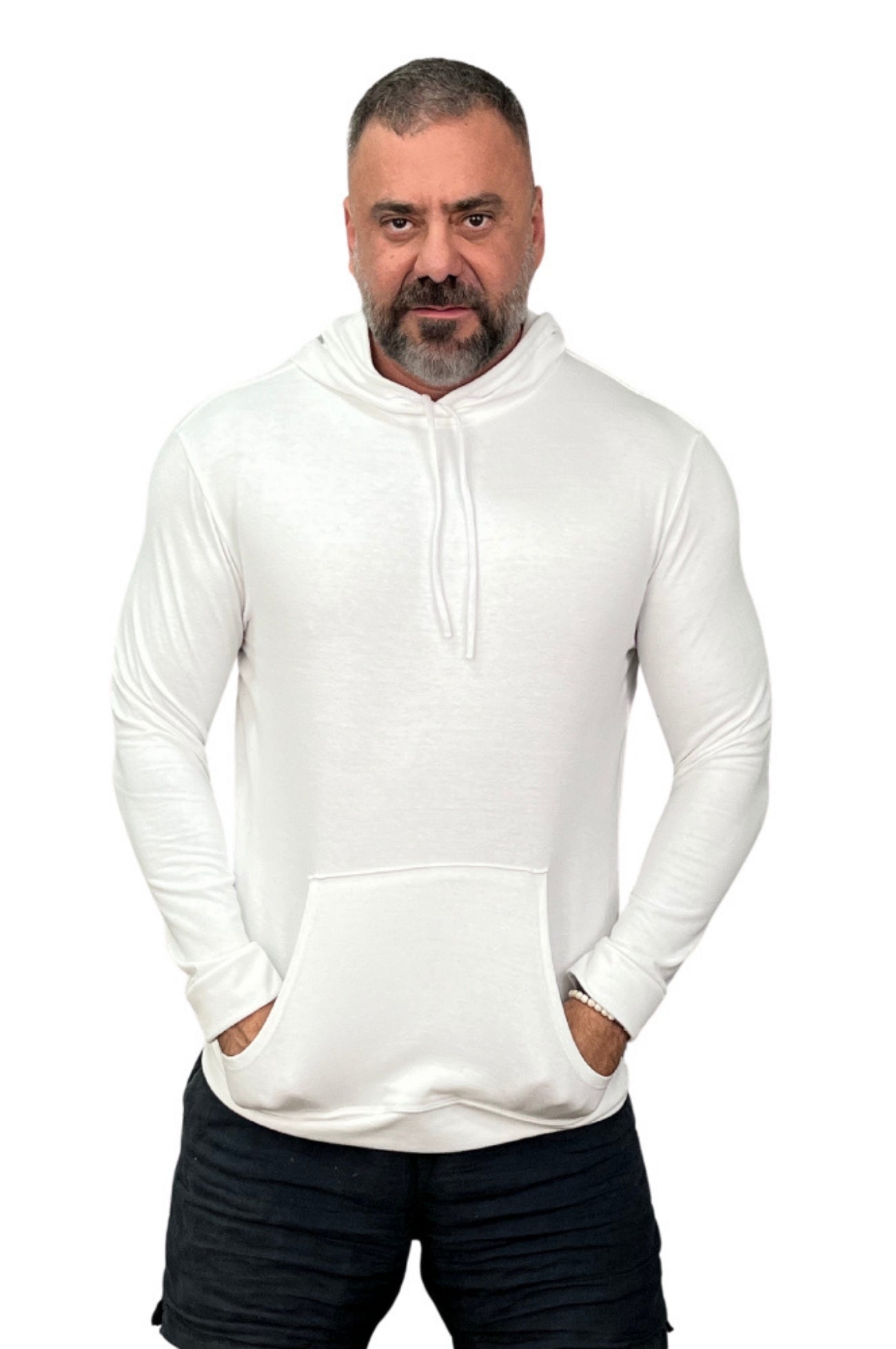 Camiseta Malha Premium Acetinada Machão Capuz Branca Manga Longa