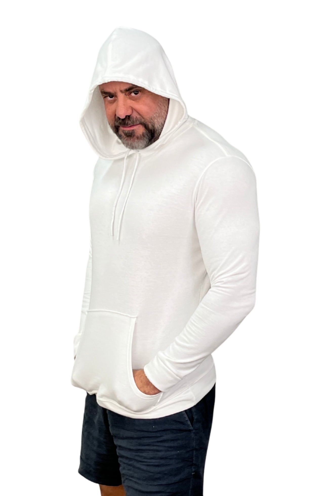 Camiseta Malha Premium Acetinada Machão Capuz Branca Manga Longa