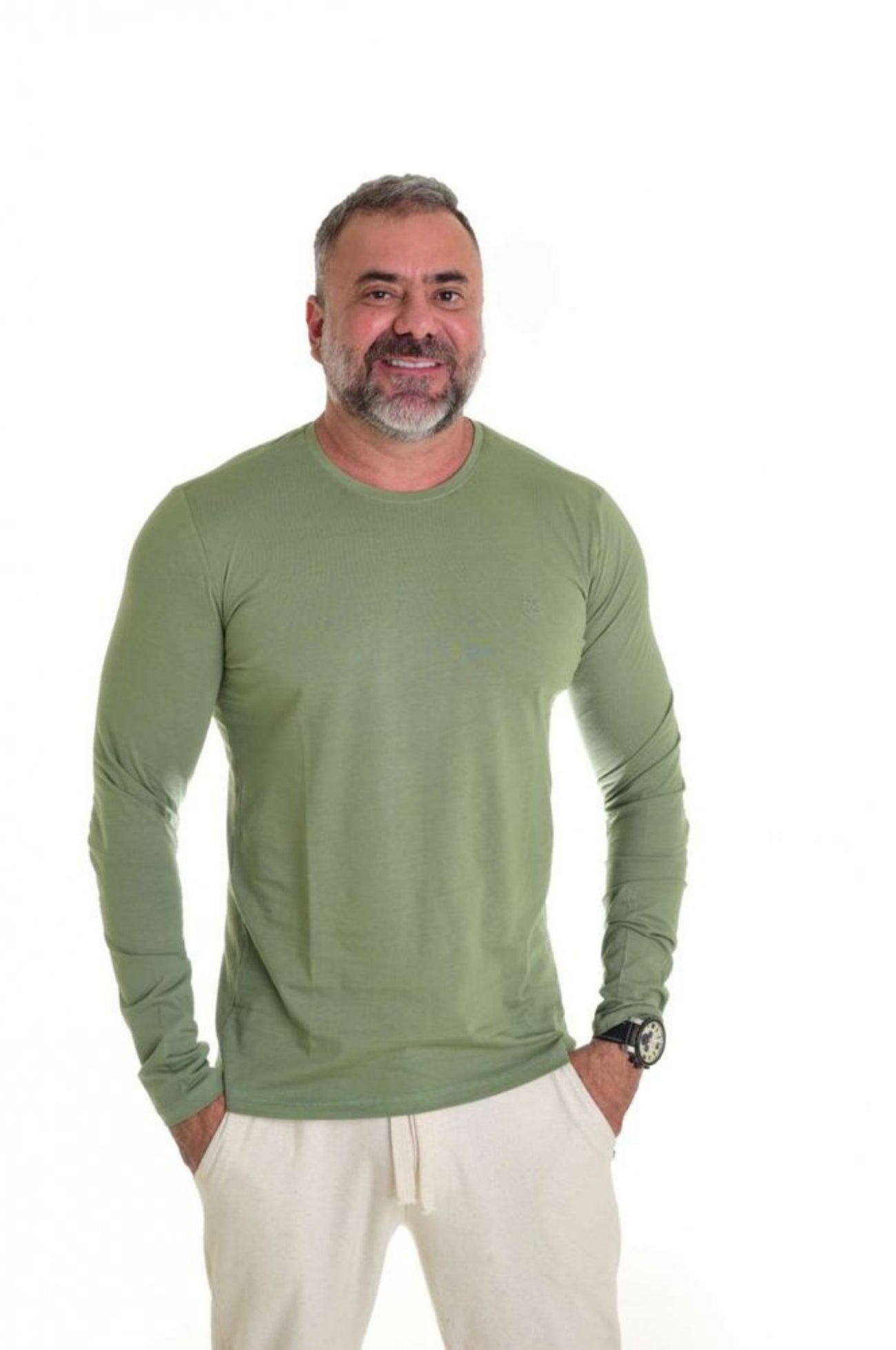 Camiseta Manga Longa Peletizada Slim Verde Musgo