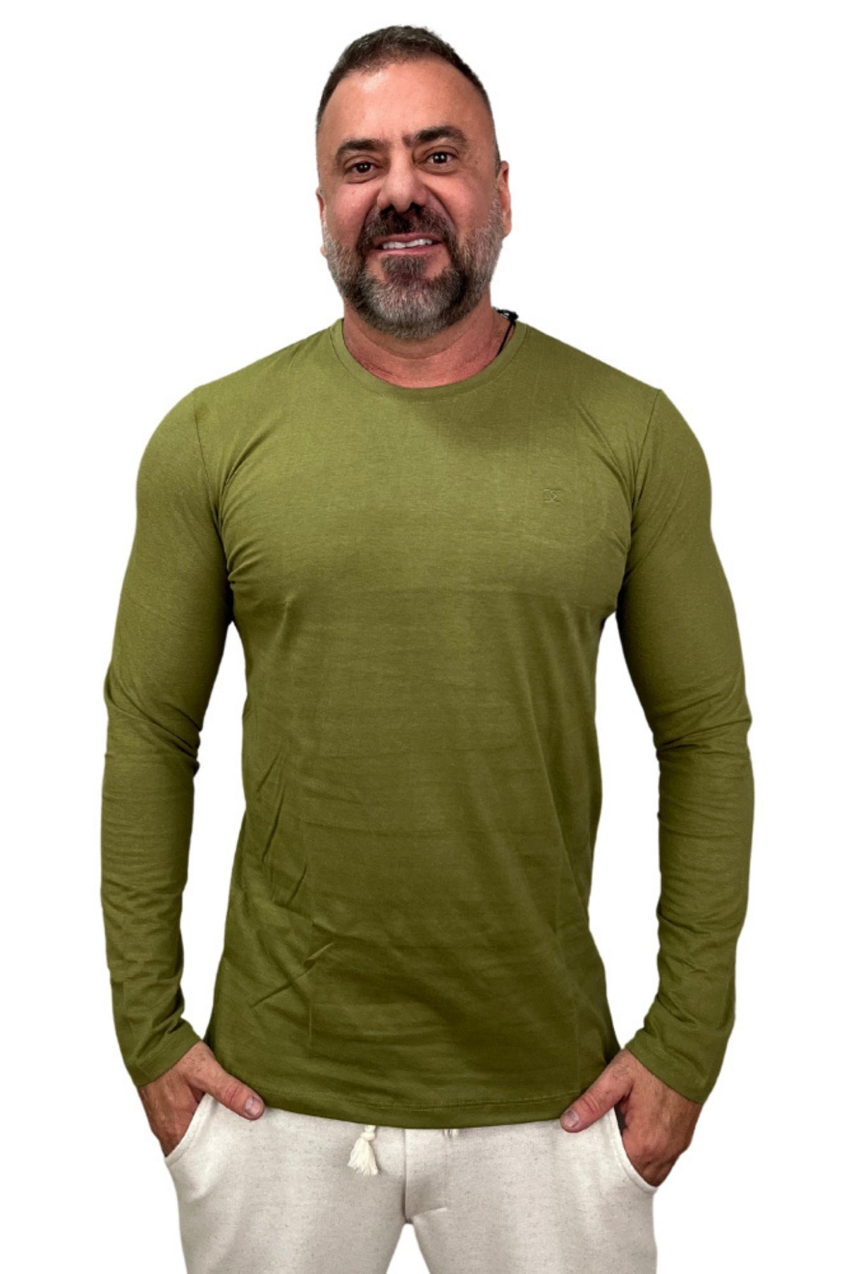 Camisa Slim Manga Longa Peletizada Verde Oliva